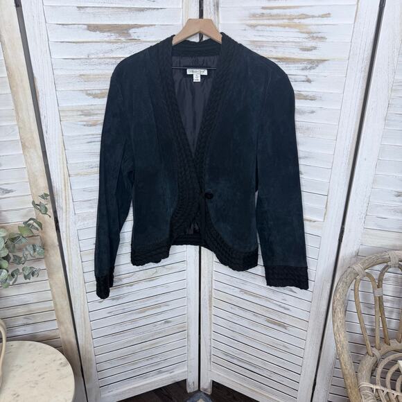 COLDWATER CREEK VINTAGE Women's XL Suede Leather Crochet Knit Trim Jacket Black - Picture 16 of 16